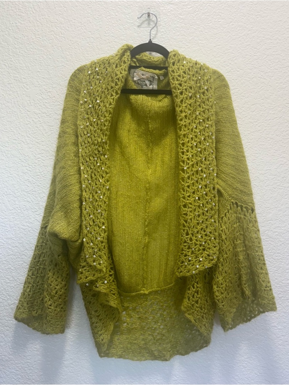 Sugarlips Olive Green Open-Front Knit Cardigan with Sequin Trim